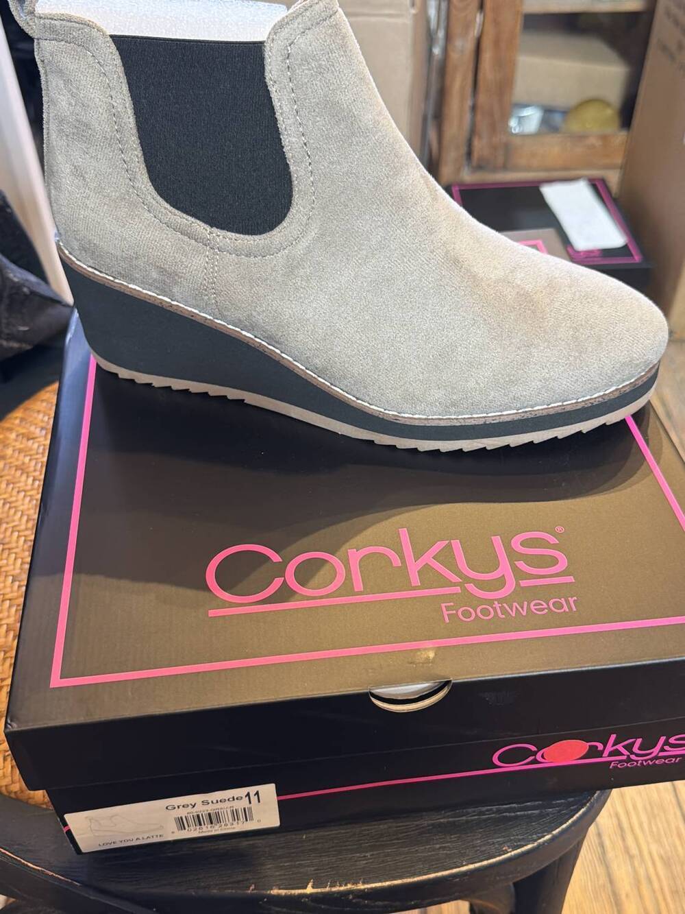 NEW CORKYS FOOTWEAR women's love you latte bootie in gray suede